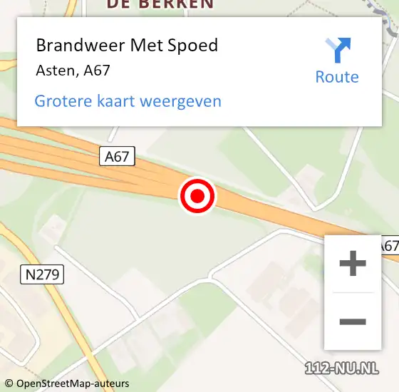 Locatie op kaart van de 112 melding: Brandweer Met Spoed Naar Asten, A67 op 28 juni 2015 10:17