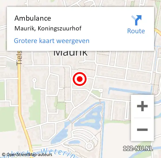 Locatie op kaart van de 112 melding: Ambulance Maurik, Koningszuurhof op 28 juni 2015 12:41