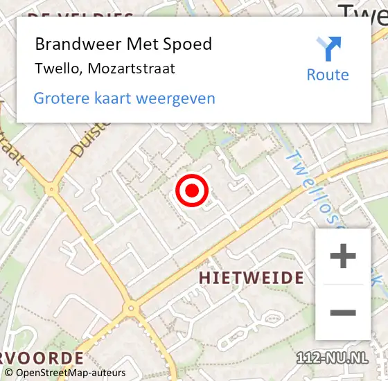 Locatie op kaart van de 112 melding: Brandweer Met Spoed Naar Twello, Mozartstraat op 28 juni 2015 17:38