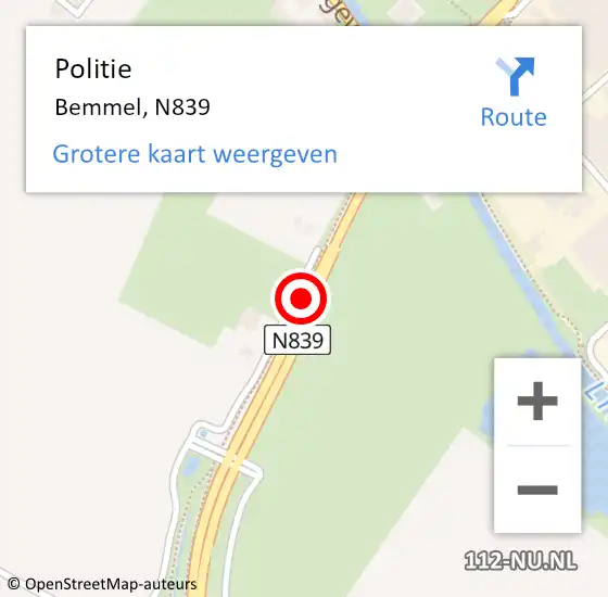 Locatie op kaart van de 112 melding: Politie Bemmel, N839 op 29 juni 2015 16:16