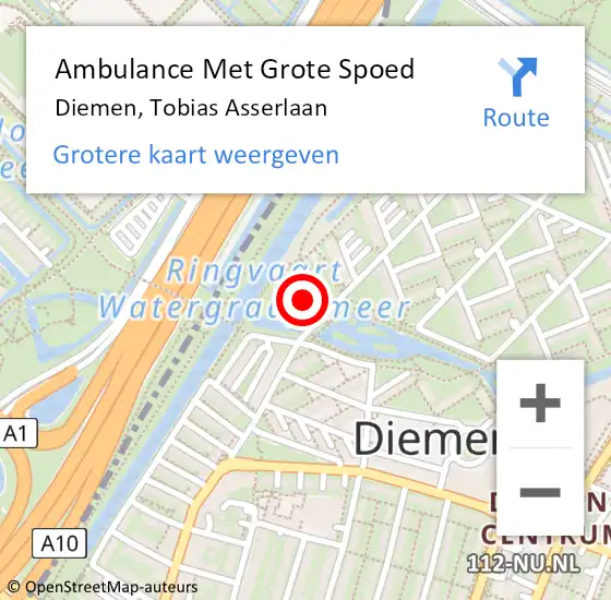 Locatie op kaart van de 112 melding: Ambulance Met Grote Spoed Naar Diemen, Tobias Asserlaan op 29 juni 2015 19:42