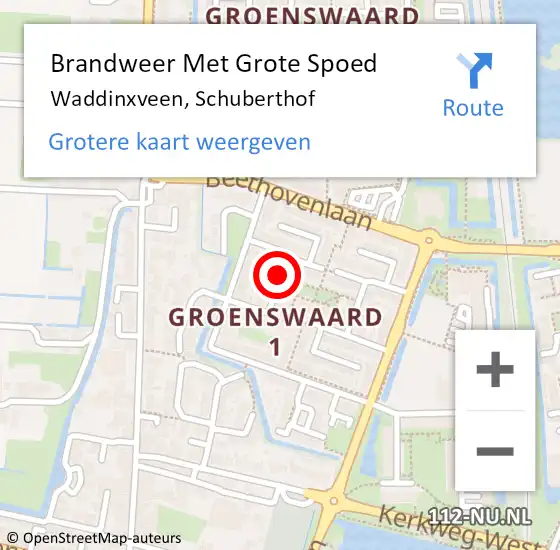 Locatie op kaart van de 112 melding: Brandweer Met Grote Spoed Naar Waddinxveen, Schuberthof op 1 juli 2015 05:34