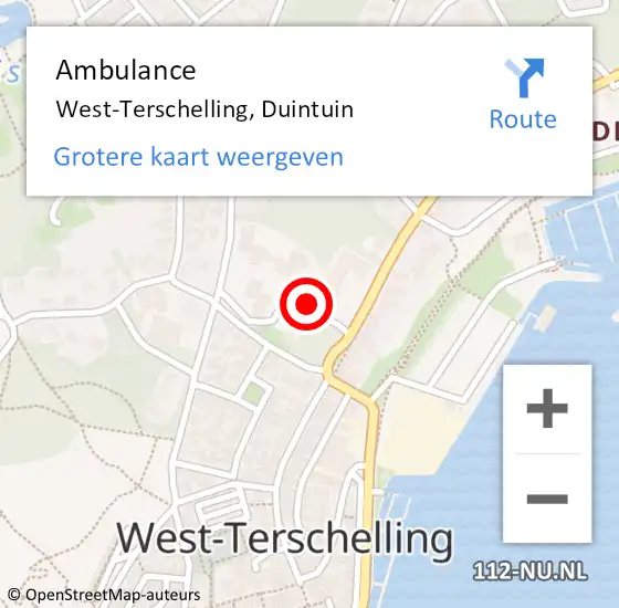 Locatie op kaart van de 112 melding: Ambulance West-Terschelling, Duintuin op 1 juli 2015 07:58