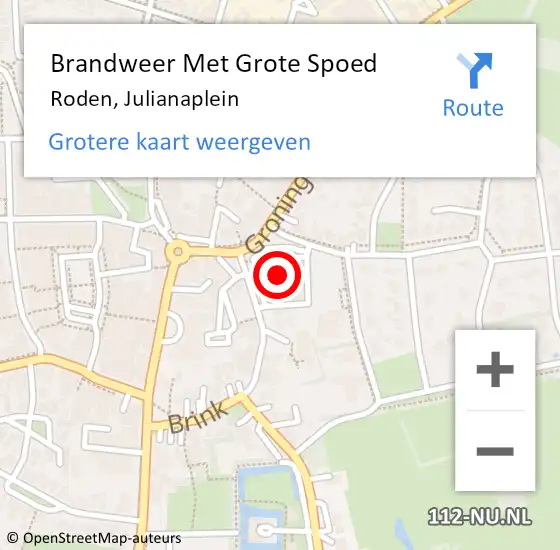 Locatie op kaart van de 112 melding: Brandweer Met Grote Spoed Naar Roden, Julianaplein op 1 juli 2015 12:02