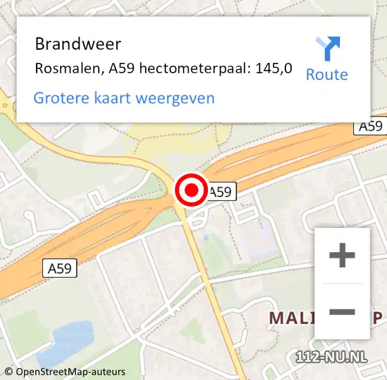 Locatie op kaart van de 112 melding: Brandweer Rosmalen, A59 hectometerpaal: 145,0 op 1 juli 2015 14:04