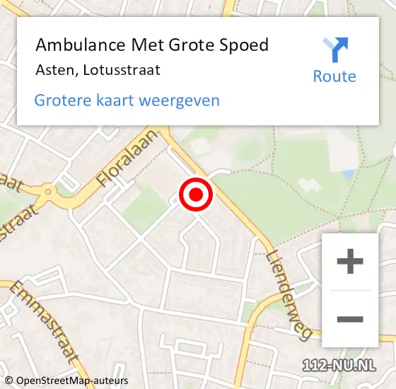 Locatie op kaart van de 112 melding: Ambulance Met Grote Spoed Naar Asten, Lotusstraat op 2 juli 2015 21:39