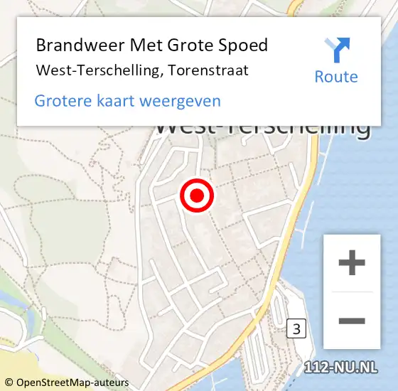 Locatie op kaart van de 112 melding: Brandweer Met Grote Spoed Naar West-Terschelling, Torenstraat op 2 juli 2015 22:02