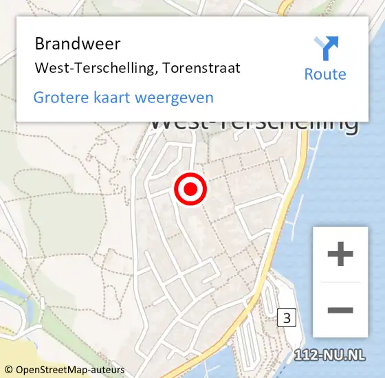 Locatie op kaart van de 112 melding: Brandweer West-Terschelling, Torenstraat op 2 juli 2015 22:04