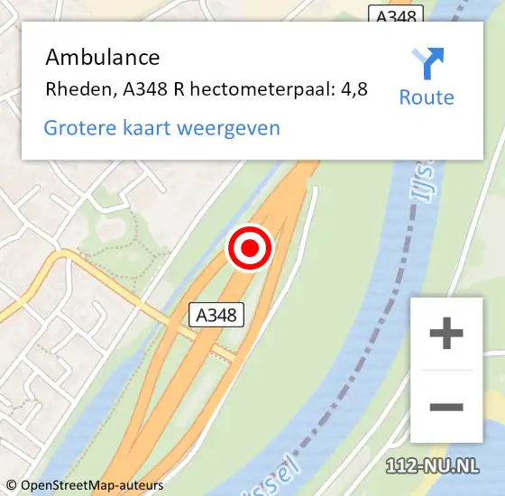 Locatie op kaart van de 112 melding: Ambulance Rheden, A348 R hectometerpaal: 4,8 op 3 juli 2015 15:48