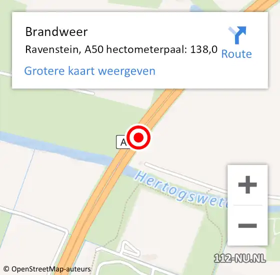 Locatie op kaart van de 112 melding: Brandweer Ravenstein, A50 hectometerpaal: 135,0 op 4 juli 2015 04:25