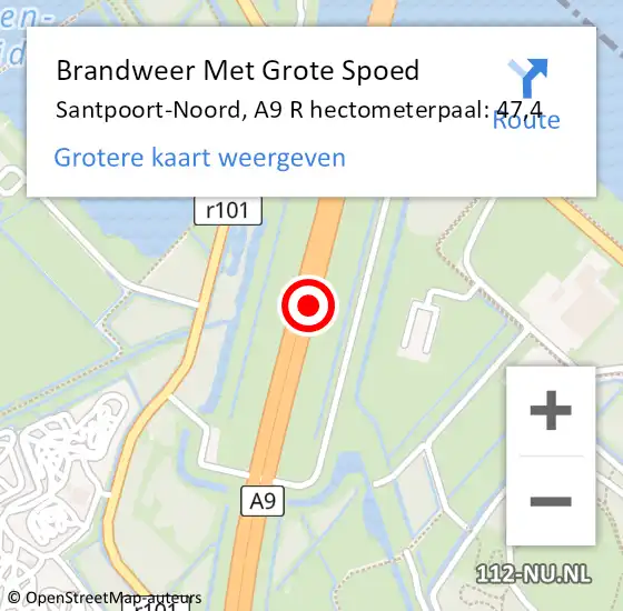Locatie op kaart van de 112 melding: Brandweer Met Grote Spoed Naar Santpoort-Noord, A9 R hectometerpaal: 47,4 op 4 juli 2015 14:49