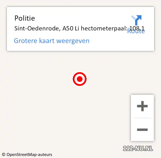 Locatie op kaart van de 112 melding: Politie Sint-Oedenrode, A50 Li hectometerpaal: 107,1 op 4 juli 2015 15:32