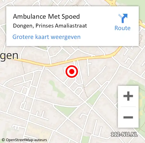 Locatie op kaart van de 112 melding: Ambulance Met Spoed Naar Dongen, Prinses Amaliastraat op 5 juli 2015 22:05