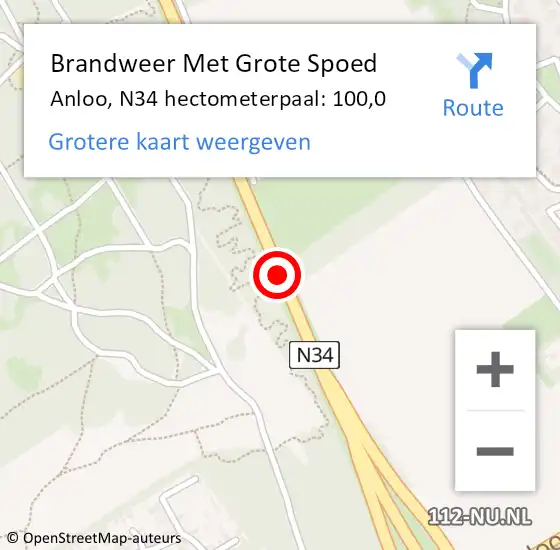 Locatie op kaart van de 112 melding: Brandweer Met Grote Spoed Naar Anloo, N34 hectometerpaal: 100,0 op 7 juli 2015 18:43