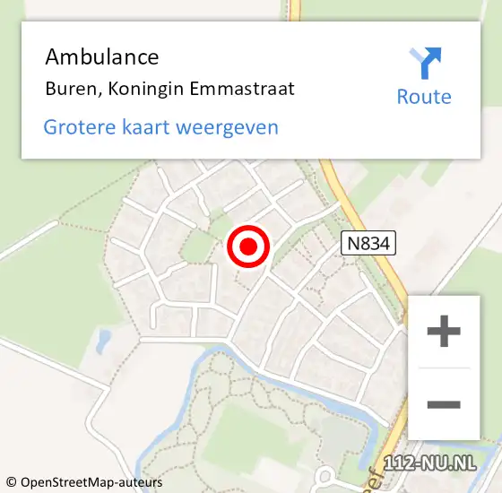 Locatie op kaart van de 112 melding: Ambulance Buren, Koningin Emmastraat op 8 juli 2015 16:57