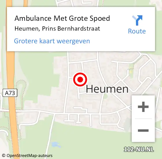 Locatie op kaart van de 112 melding: Ambulance Met Grote Spoed Naar Heumen, Prins Bernhardstraat op 8 juli 2015 22:55