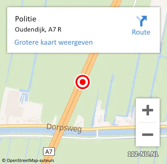 Locatie op kaart van de 112 melding: Politie Oudendijk, A7 L op 9 juli 2015 01:59