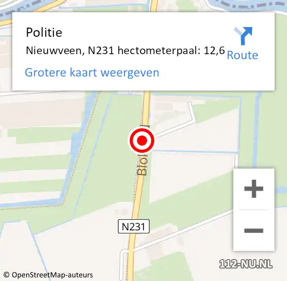 Locatie op kaart van de 112 melding: Politie Nieuwveen, N231 hectometerpaal: 12,6 op 9 juli 2015 17:12