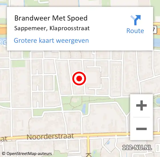 Locatie op kaart van de 112 melding: Brandweer Met Spoed Naar Sappemeer, Klaproosstraat op 10 juli 2015 09:23