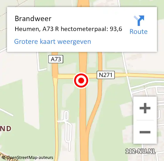 Locatie op kaart van de 112 melding: Brandweer Heumen, A73 R hectometerpaal: 93,6 op 10 juli 2015 12:29