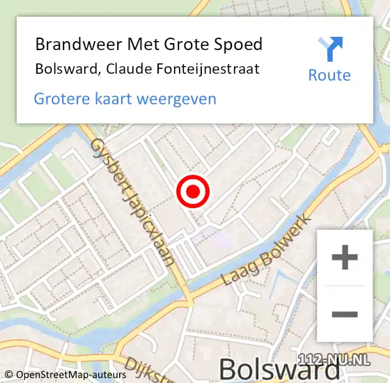 Locatie op kaart van de 112 melding: Brandweer Met Grote Spoed Naar Bolsward, Claude Fonteijnestraat op 11 juli 2015 19:55