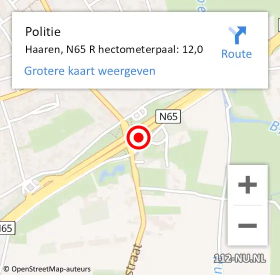 Locatie op kaart van de 112 melding: Politie Haaren, N65 L hectometerpaal: 12,0 op 12 juli 2015 15:54