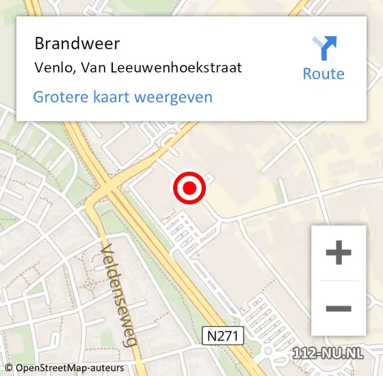 Locatie op kaart van de 112 melding: Brandweer Venlo, Van Leeuwenhoekstraat op 15 juli 2015 08:28