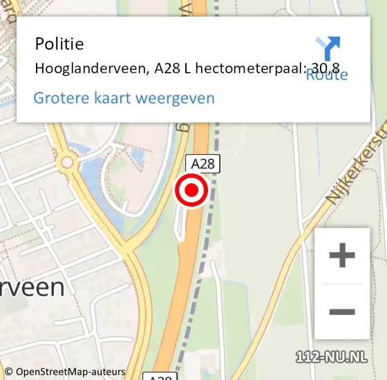 Locatie op kaart van de 112 melding: Politie Hooglanderveen, A28 L hectometerpaal: 30,8 op 15 juli 2015 15:48