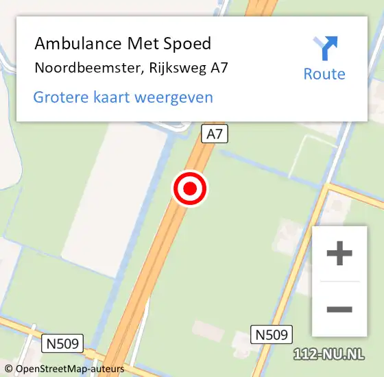 Locatie op kaart van de 112 melding: Ambulance Met Spoed Naar Noordbeemster, Rijksweg A7 op 17 juli 2015 22:00