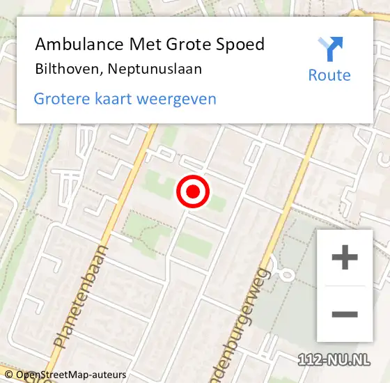 Locatie op kaart van de 112 melding: Ambulance Met Grote Spoed Naar Bilthoven, Neptunuslaan op 18 juli 2015 16:54