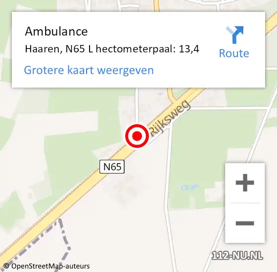 Locatie op kaart van de 112 melding: Ambulance Haaren, N65 L hectometerpaal: 13,4 op 21 juli 2015 17:28