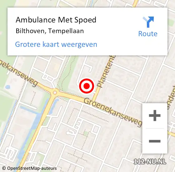 Locatie op kaart van de 112 melding: Ambulance Met Spoed Naar Bilthoven, Tempellaan op 22 juli 2015 09:05