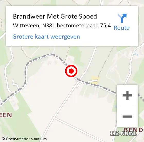 Locatie op kaart van de 112 melding: Brandweer Met Grote Spoed Naar Witteveen, N381 hectometerpaal: 75,4 op 22 juli 2015 12:40
