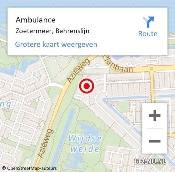 Locatie op kaart van de 112 melding: Ambulance Zoetermeer, Behrenslijn op 23 juli 2015 14:58