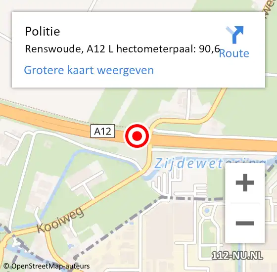 Locatie op kaart van de 112 melding: Politie Renswoude, A12 L hectometerpaal: 90,6 op 23 juli 2015 15:58