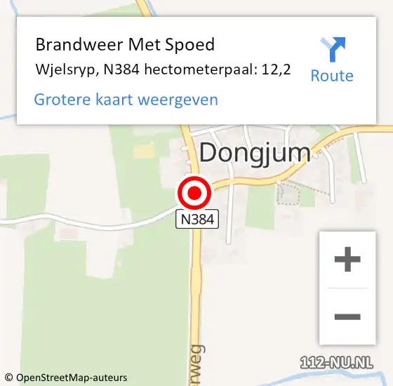 Locatie op kaart van de 112 melding: Brandweer Met Spoed Naar Wjelsryp, N384 hectometerpaal: 12,2 op 25 juli 2015 08:57