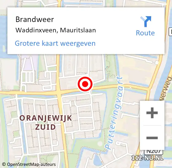 Locatie op kaart van de 112 melding: Brandweer Waddinxveen, Mauritslaan op 25 juli 2015 14:41