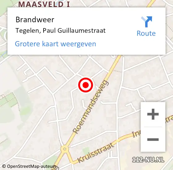 Locatie op kaart van de 112 melding: Brandweer Tegelen, Paul Guillaumestraat op 25 juli 2015 14:59