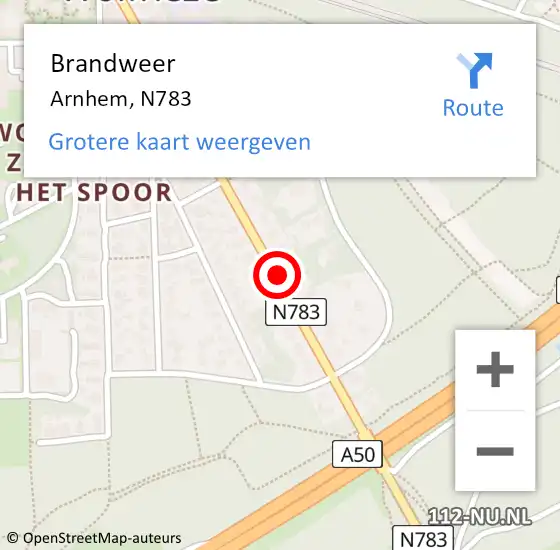 Locatie op kaart van de 112 melding: Brandweer Arnhem, N783 op 27 juli 2015 03:48