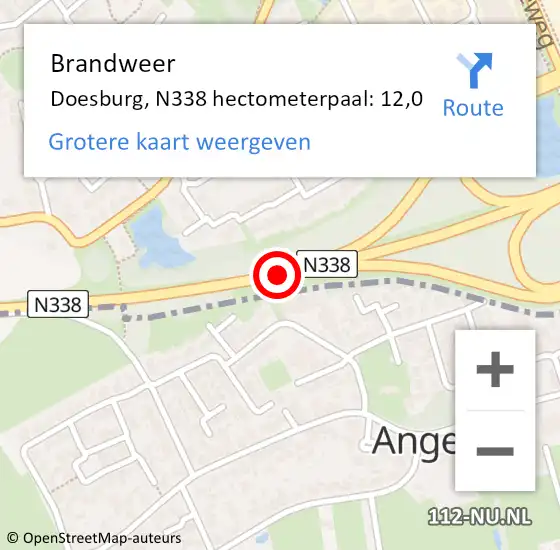 Locatie op kaart van de 112 melding: Brandweer Doesburg, N338 hectometerpaal: 12,0 op 27 juli 2015 04:37