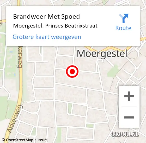 Locatie op kaart van de 112 melding: Brandweer Met Spoed Naar Moergestel, Prinses Beatrixstraat op 27 juli 2015 18:50