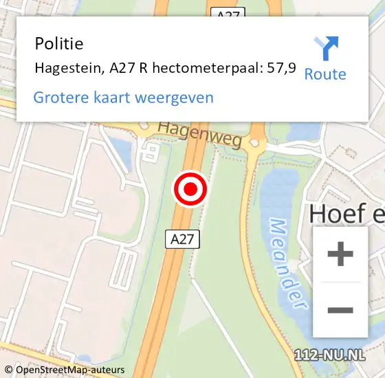 Locatie op kaart van de 112 melding: Politie Hagestein, A27 hectometerpaal: 56,6 op 28 juli 2015 22:23