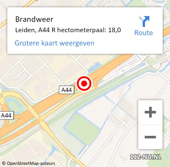 Locatie op kaart van de 112 melding: Brandweer Leiden, A44 R hectometerpaal: 18,0 op 29 juli 2015 16:46