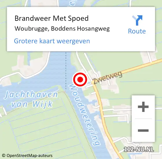 Locatie op kaart van de 112 melding: Brandweer Met Spoed Naar Woubrugge, Boddens Hosangweg op 29 juli 2015 19:32