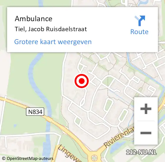 Locatie op kaart van de 112 melding: Ambulance Tiel, Jacob Ruisdaelstraat op 30 juli 2015 12:45