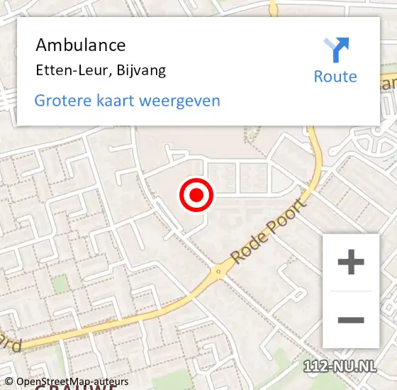 Locatie op kaart van de 112 melding: Ambulance Etten-Leur, Bijvang op 31 juli 2015 12:54