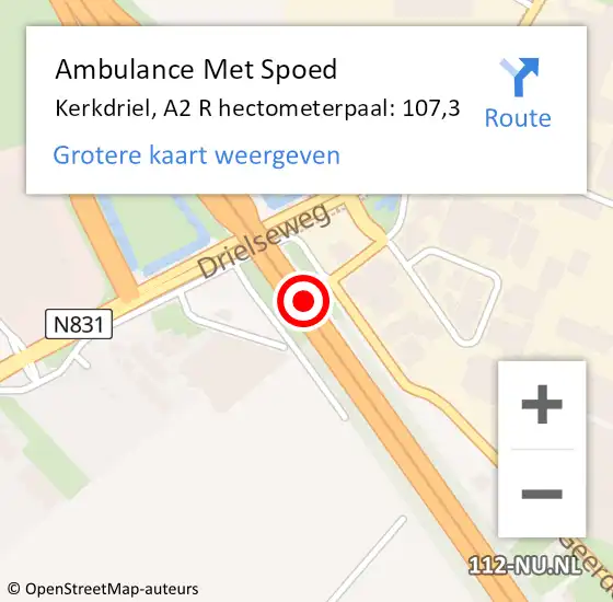 Locatie op kaart van de 112 melding: Ambulance Met Spoed Naar Kerkdriel, A2 L op 31 juli 2015 13:49