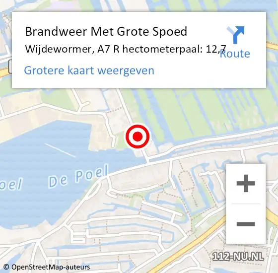Locatie op kaart van de 112 melding: Brandweer Met Grote Spoed Naar Wijdewormer, A7 R hectometerpaal: 12,7 op 31 juli 2015 17:54