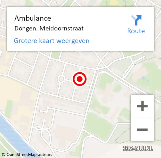 Locatie op kaart van de 112 melding: Ambulance Dongen, Meidoornstraat op 1 augustus 2015 05:45