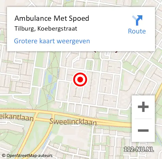 Locatie op kaart van de 112 melding: Ambulance Met Spoed Naar Tilburg, Koebergstraat op 1 augustus 2015 05:53